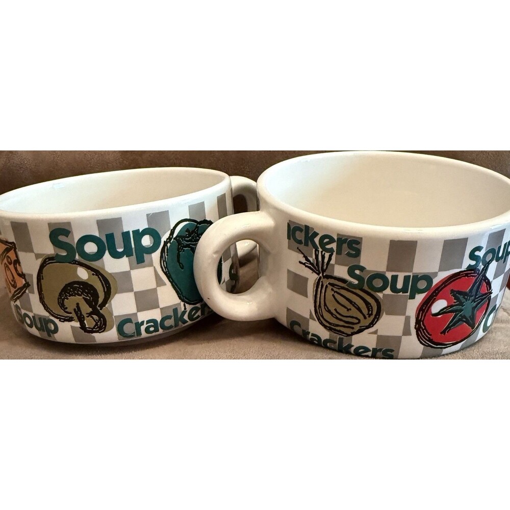 Houston Harvest Soup & Crackers Ceramic Soup Mugs w/ 2 Handles, Set of 2